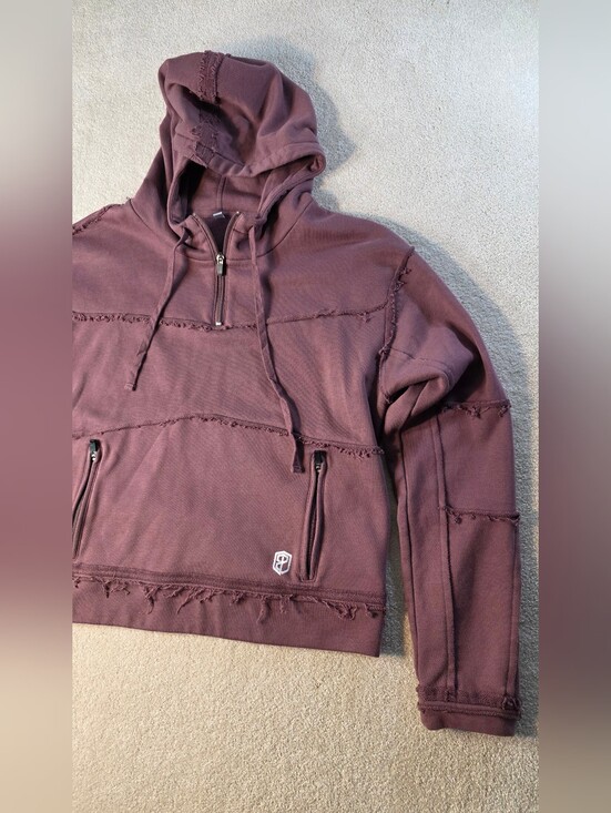 Born Primitive Tops - Born Primitive Purple 1/4 Zip Cropped Hoodie Raw Distressed Seams Womens L